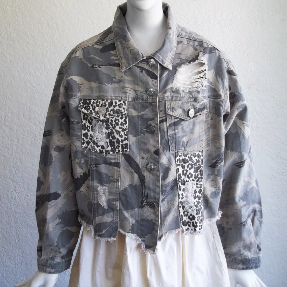 POL Distressed Camo Cheetah Print Denim Jacket S